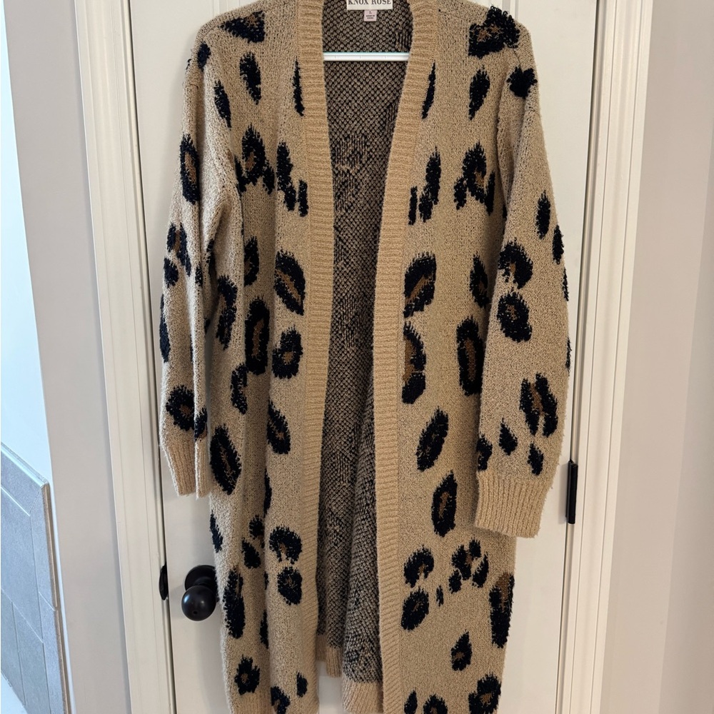 Knox Rose Tan and Black Leopard Open Long Cardigan